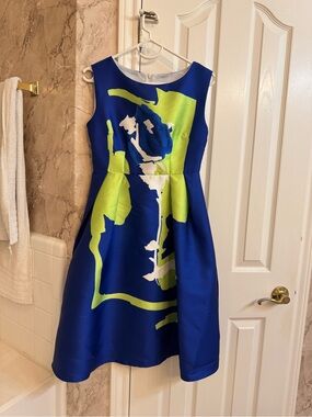 Blue Floral Fit-and-Flare Dress with Lime Accent